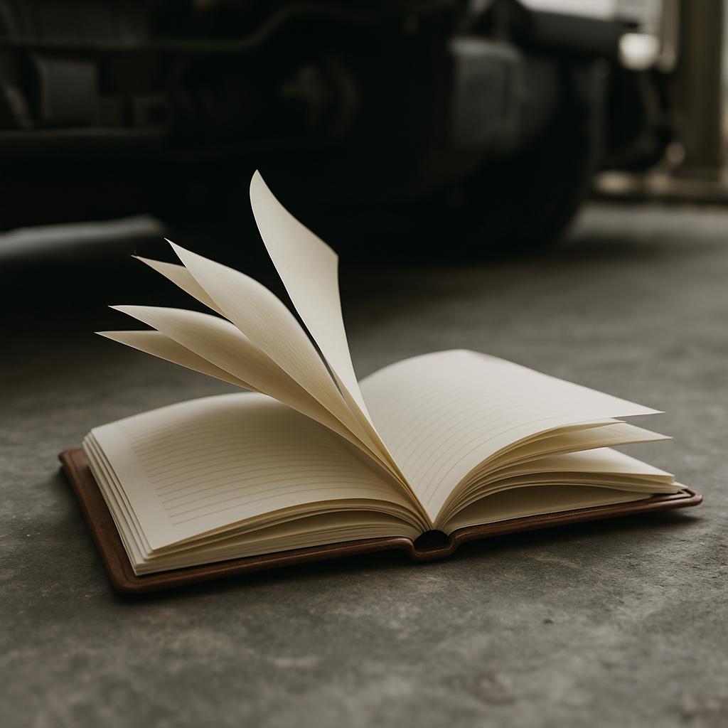 An open journal on a dark surface.